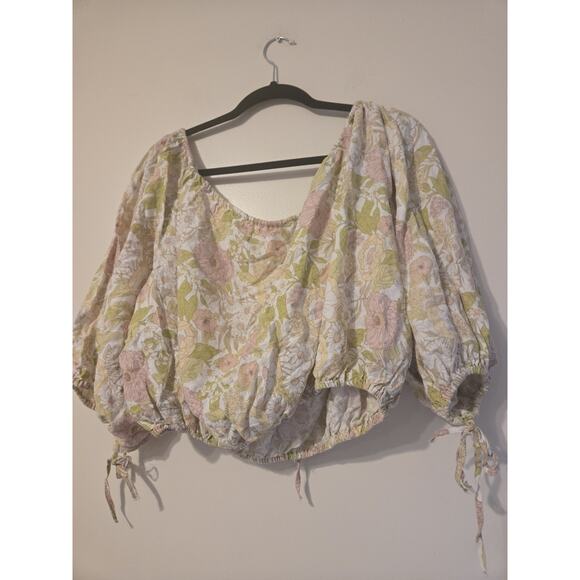 Rachel Zoe Sz XL Off the Shoulder Floral Crop Top Linen Blend Boho Cottagecore - Picture 4 of 5